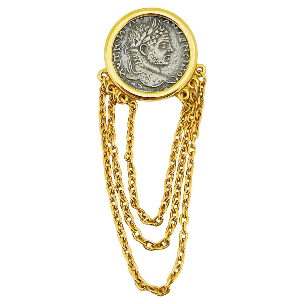 Vintage gold silver tone Etruscan byzantine coin dangle chains brooch